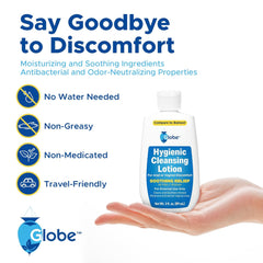 A hand holds a 3oz bottle of TriSelfcare Globe Hygienic Cleansing Lotion for Men and Women—compare to Balneol. Gentle relief for pain and itch in sensitive areas. Say Goodbye to Discomfort, No Water Needed, Non-Greasy, Non-Medicated, Travel-Friendly.