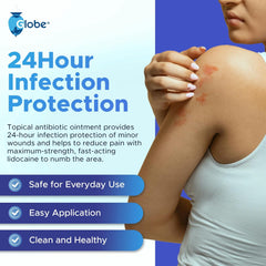 A woman applies Globe First Aid Antibiotic Ointment + Lidocaine to a rash. Text: “24-hour infection protection and fast pain relief for minor wounds. Maximum strength numbing with Bacitracin Zinc. Safe, easy, and clean to use.”.
