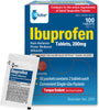 A blue box of Globe Ibuprofen Tablets, 200 mg—an NSAID pain reliever and fever reducer for headache, muscular aches, arthritis, and backache—is displayed. The package contains 50 tamper-evident packets with 2 tablets each (totaling 100 tablets), with a single-dose packet shown in front.