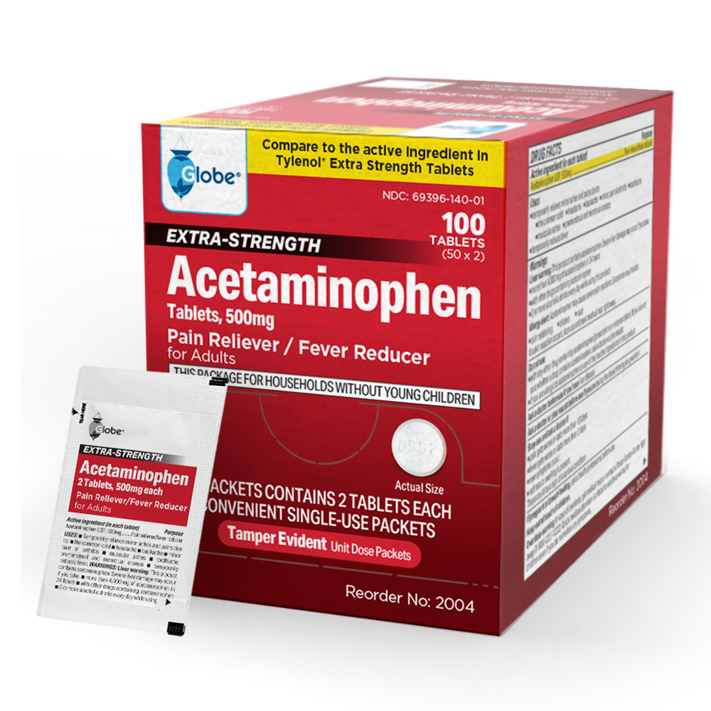 A red and white box of Globe Extra Strength Acetaminophen Tablets 500mg, pain reliever and fever reducer, with 50 packets (2 tablets each) is shown with one packet in front. The box warns to keep out of reach of children.
