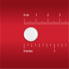 A white round pill marked “6552,” about 1 cm (0.4 in) wide, is shown on a red background with rulers. It’s Globe Extra Strength Acetaminophen 500 mg for pain and fever relief—50 packets of 2 tablets each.