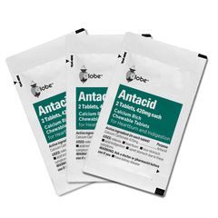 Three Globe Chewable Mint Antacid Tablets packets (2 tablets each, 420 mg calcium carbonate per tablet) provide fast relief from heartburn and indigestion; teal and white packaging.