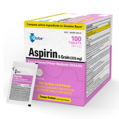 A box of Globe Aspirin Tablets, 325 mg, NSAID pain reliever and fever reducer, contains 100 single-use packets. A sample packet is shown in front of the box.