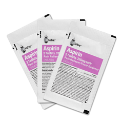 Three packets of Globe Aspirin Tablets, 325mg each, NSAID pain reliever and fever reducer, in single use packs with black text on a white and pink background—effective for headaches, arthritis, migraines, and pain relief.