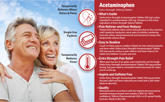 A smiling older couple sits together. On the right, a red section highlights Globe Extra Strength Acetaminophen Tablets 500 mg (10,000 packets of 2 tablets each), showing pain relief benefits, ingredients, and features with icons and details.