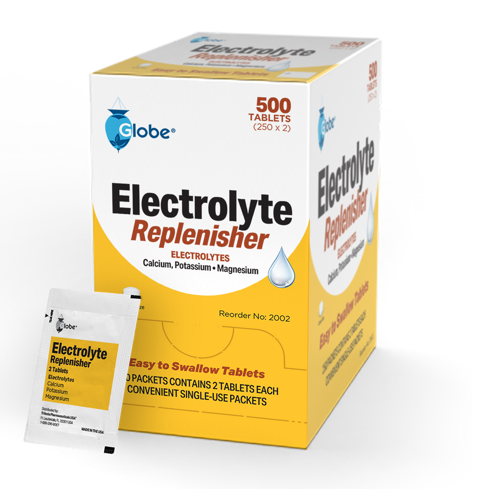 A box of Globe Electrolyte Replacement Tablets for Rehydration (500 count, 250 packets of 2) is shown, featuring blue and orange text. The box highlights calcium, potassium, and magnesium for hydration with a single-use packet in front.
