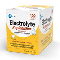 Globe Electrolyte Replacement Tablets for Rehydration, Exercise Recovery come in 50 packets of 2 tablets each (100 tablets total), providing calcium, potassium, and magnesium for effective hydration.