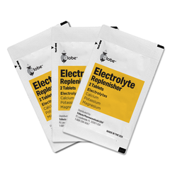 Three overlapping packets of Globe Electrolyte Replacement Tablets for Rehydration display essential electrolytes—calcium, potassium, and magnesium. The white packets with yellow labels help support effective hydration for athletes and outdoor activities.