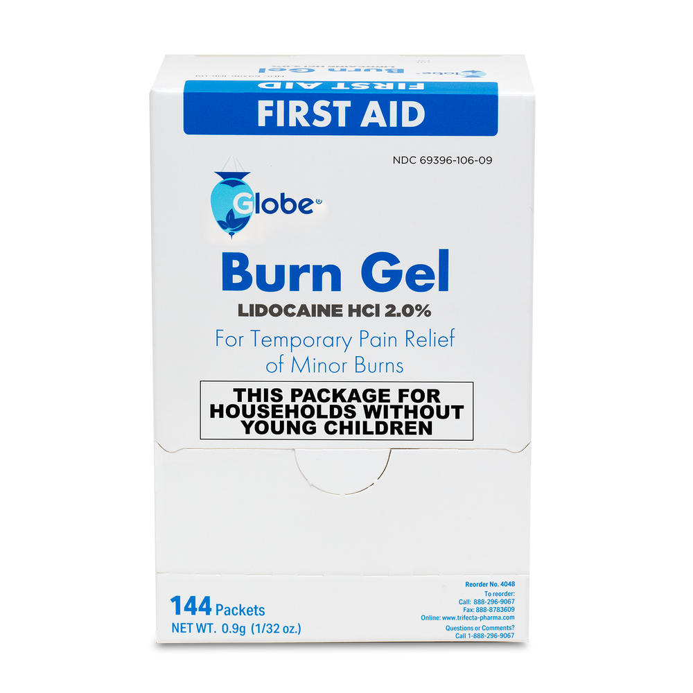 A white box labeled Globe First Aid Burn Gel with Aloe, containing 144 individual 0.9g packets of advanced first aid gel for temporary relief of minor burns, cuts, and scrapes. Ideal for inclusion in any first aid kit and suitable for households without young children, this topical anesthetic features Lidocaine HCl 2.0% and is marked FIRST AID.