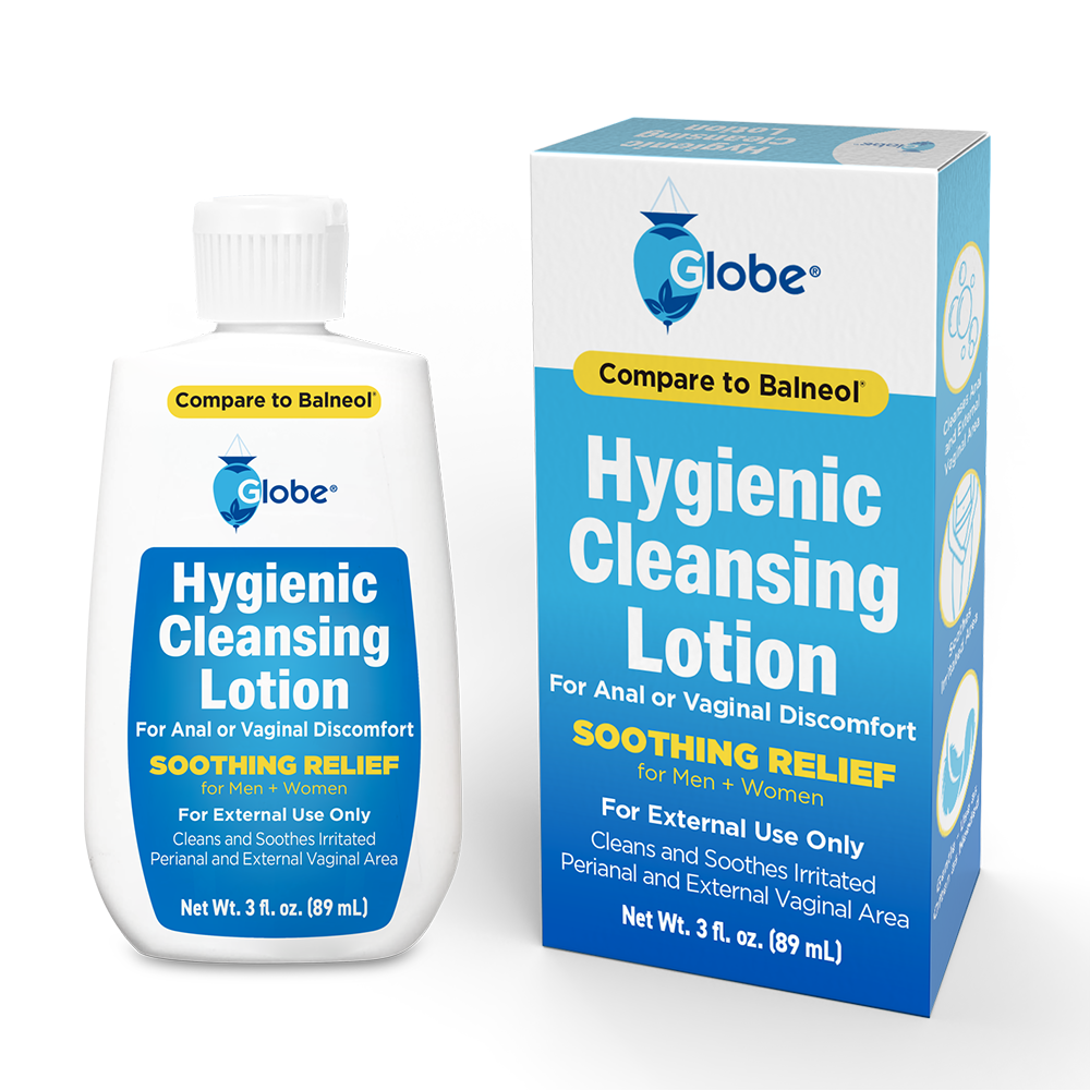 A 3oz bottle and box of TriSelfcare Globe Hygienic Cleansing Lotion for Men & Women, gentle personal cleanser for sensitive areas, compared to Balneol. Blue and white with yellow highlights; suitable for perianal and vaginal care.