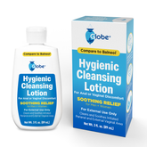 A 3oz bottle and box of TriSelfcare Globe Hygienic Cleansing Lotion for Men & Women, gentle personal cleanser for sensitive areas, compared to Balneol. Blue and white with yellow highlights; suitable for perianal and vaginal care.