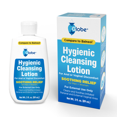 A 3oz bottle and box of TriSelfcare Globe Hygienic Cleansing Lotion for Men & Women, gentle personal cleanser for sensitive areas, compared to Balneol. Blue and white with yellow highlights; suitable for perianal and vaginal care.