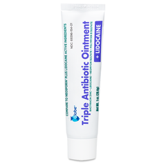A white tube of Globe First Aid Antibiotic Ointment + Lidocaine 1 Oz stands upright, highlighting its maximum strength pain relief and infection protection for first aid wounds with fast skin numbing from Bacitracin Zinc.
