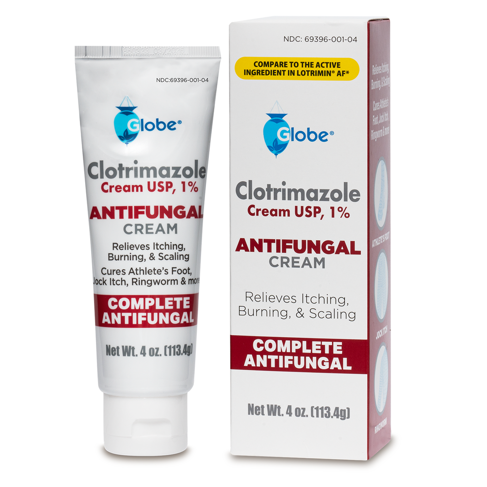 Globe Clotrimazole Antifungal Cream 1% (4 oz tube) quickly relieves itching, burning, and fungus from athlete’s foot, jock itch, and ringworm. Compare to Lotrimin. Net wt: 4 oz (113.4g). Brand: Globe.