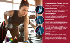 A woman lifts a barbell indoors. On the right, Globe Clotrimazole Antifungal Cream 1% (4 oz) is shown relieving itching, burning, and fungus for athlete’s foot, jock itch, and ringworm—compare to Lotrimin active ingredient.