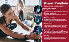 A woman stretches on a gym floor as text highlights Globe Clotrimazole Solution for Athlete’s Foot, Jock Itch, Ringworm (10ml). Circular images show irritated skin on a foot, groin, and arm. Brand: Globe.