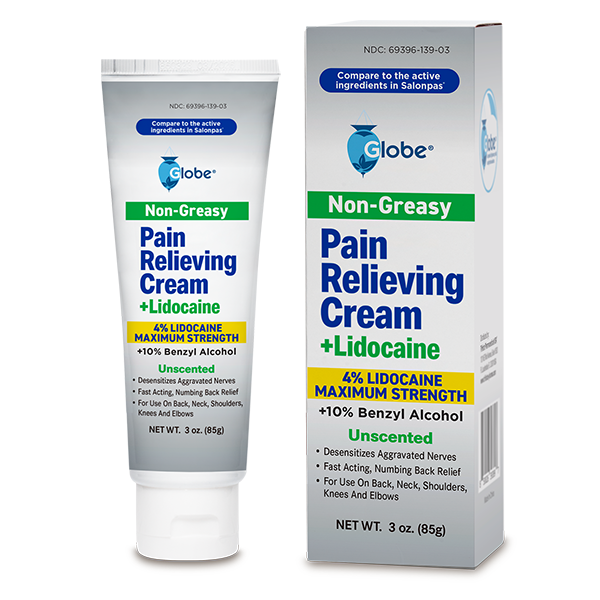 A 3 oz tube and box of Globe Pain Relieving Cream Plus, 4% lidocaine, fast-acting numbing relief, unscented; packaging compares to Salonpas Lidocaine Plus and highlights key pain-relief ingredients.