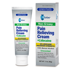A 3 oz tube and box of Globe Pain Relieving Cream Plus, 4% lidocaine, fast-acting numbing relief, unscented; packaging compares to Salonpas Lidocaine Plus and highlights key pain-relief ingredients.