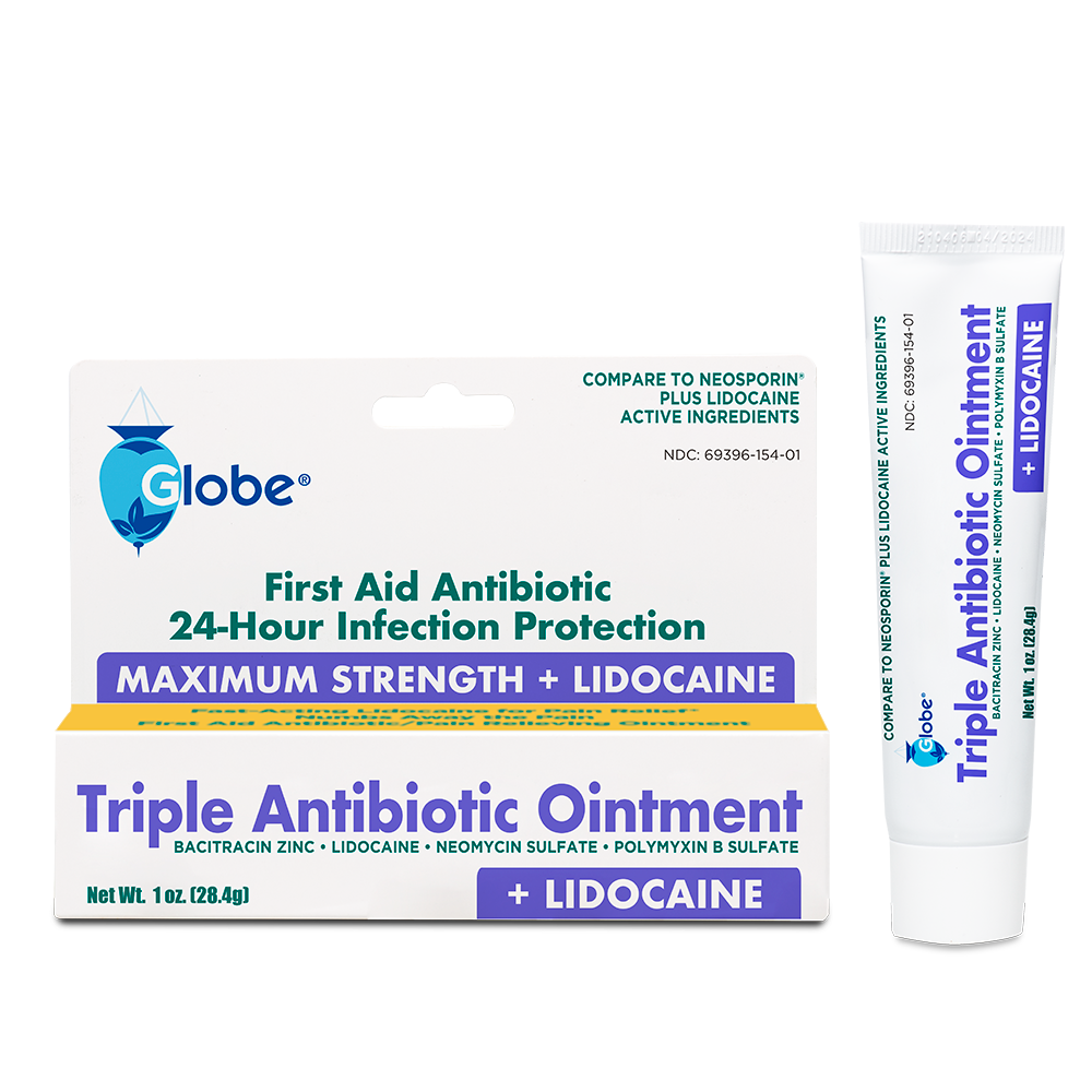 A box and tube of Globe First Aid Antibiotic Ointment + Lidocaine 1 Oz offers maximum strength pain relief and infection protection, numbs skin fast with Bacitracin Zinc; packaging is blue, yellow, and white.