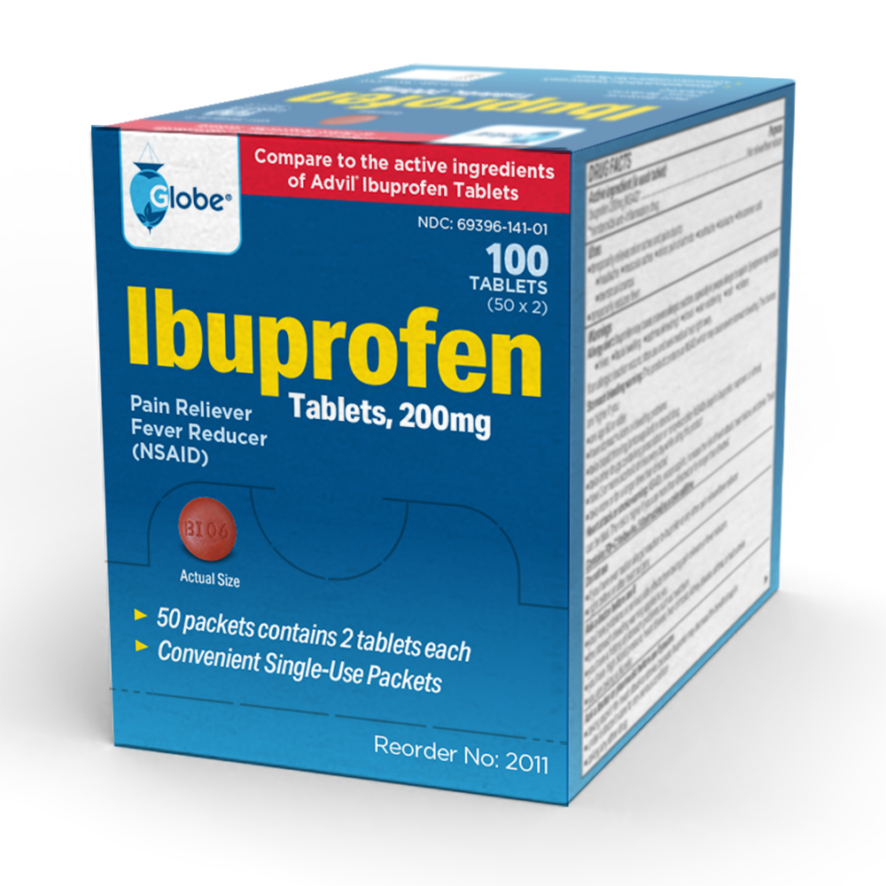 A blue and white box of Globe Ibuprofen Tablets, 200 mg, contains 50 packets of 2 tablets each for pain and fever relief from headaches, muscle aches, arthritis, and backache. Convenient single-use packets by Globe.
