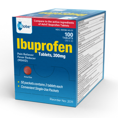 A blue and white box of Globe Ibuprofen Tablets, 200 mg, contains 50 packets of 2 tablets each for pain and fever relief from headaches, muscle aches, arthritis, and backache. Convenient single-use packets by Globe.