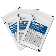 Fifty packets of Globe Ibuprofen Tablets 200 mg, each with two tablets for pain and fever relief, effective for headaches, muscle aches, arthritis, and backache. Packets are white with blue and black text.