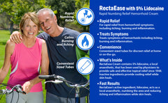 A smiling middle-aged couple stands outdoors with bikes, promoting RECTAEASE Lidocaine 5% Topical Anorectal Cream—fast relief and treatment for hemorrhoids and other anorectal disorders. Features quick action, symptom care, and easy use.