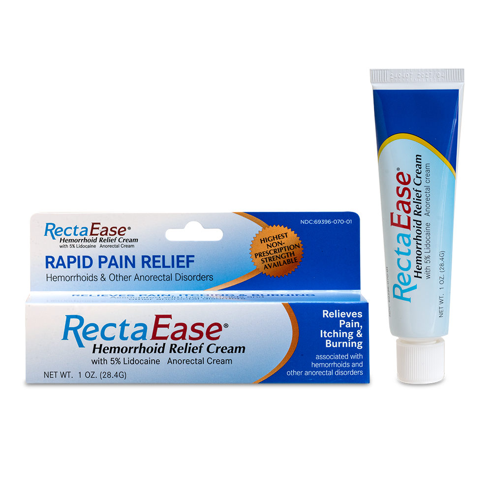 A box and tube of RECTAEASE RectaEase Lidocaine 5% Topical Anorectal Numbing Cream for hemorrhoids and other anorectal disorders, offering fast relief from itching, burning, and discomfort.