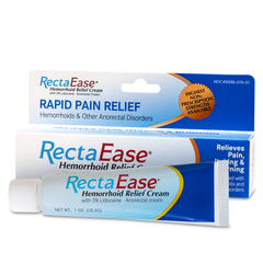 A box and tube of RECTAEASE | Lidocaine 5% Topical Anorectal Numbing Cream for Hemorrhoids & Other Anorectal Disorders, with bold “Rapid Pain Relief” text and packaging highlighting non-prescription strength.