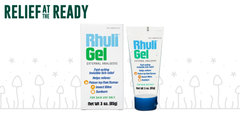 A box and 3 oz tube of Rhuli Anti-Itch Gel are displayed side by side. Text reads “Relief at the ready.” Background features plant and mushroom illustrations, highlighting this topical analgesic’s cooling itch relief for sunburns, bug bites, and more.