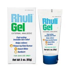 Rhuli Gel Anti-Itch Gel, 3 oz tube: topical analgesic for fast-acting relief from sunburn, mosquito and bug bites, poison ivy and oak. Cooling itch treatment in white packaging with blue and green text. Brand: Rhuli Gel.