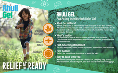 A child runs joyfully through a grassy field. Nearby, text showcases Rhuli Gel: a fast-acting anti-itch gel for quick relief from sunburn, mosquito and bug bites, poison ivy or oak. The bright design highlights its cooling, soothing power in a 3 oz tube.