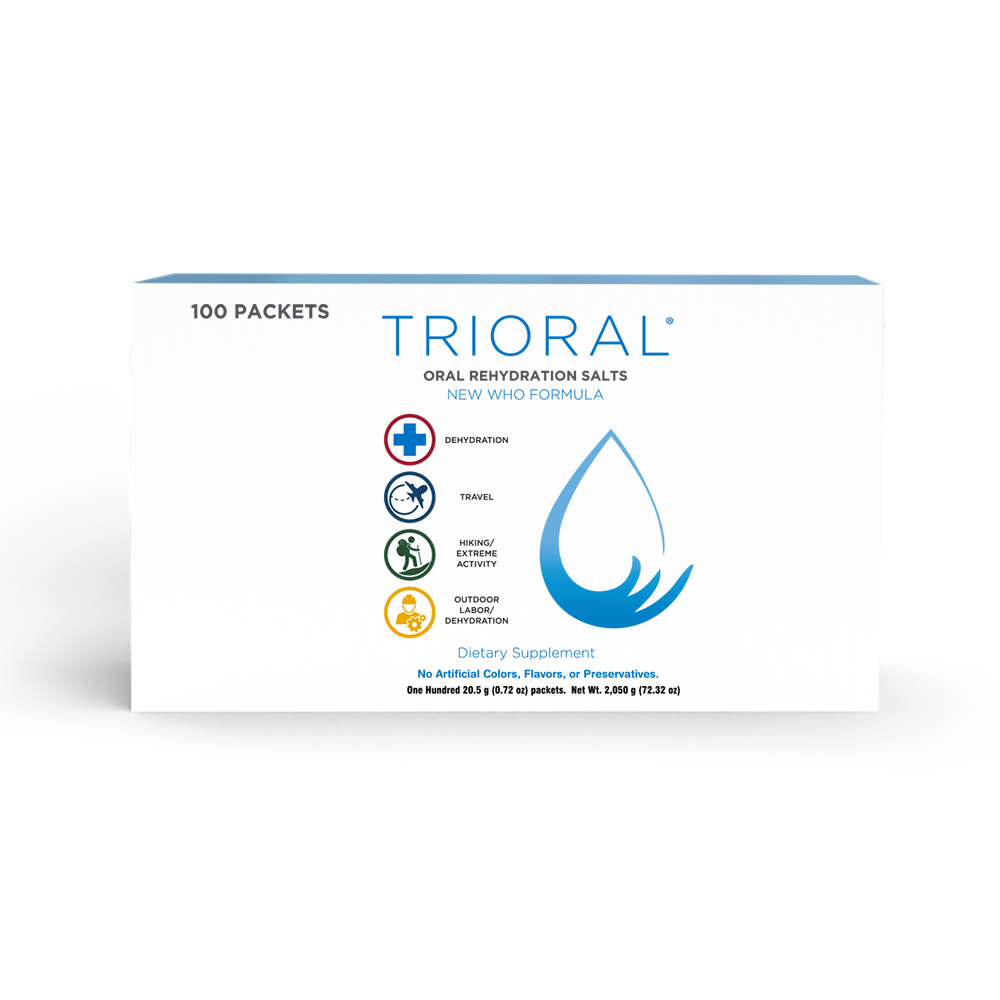 Box of TRIORAL Rehydration Electrolyte Powder—WHO hydration salts formula for dehydration from workouts, travel, or outdoor activity. Contains 100 drink mix packets as a dietary supplement; blue water droplet and activity icons on packaging.