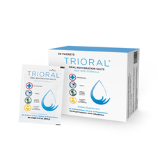 A box and single packet of TRIORAL Rehydration Electrolyte Powder, a WHO hydration supplement with 50 drink mix packets per box, designed to combat dehydration from workouts, excessive fluid loss, and more.