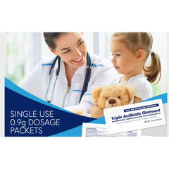 A female doctor smiles at a young girl with a teddy bear. Text reads: Globe Triple Antibiotic Ointment .9gr Packets (Box of 144)—a Neosporin alternative for infection protection from Globe.