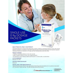 A nurse smiles at a young girl and her mother in a doctor’s office. In the foreground, Globe Bacitracin Zinc Ointment 0.9 gr packets (Box of 144) help prevent infection from minor wounds. Globe logo appears below product details and uses.