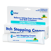 A tube and box of Globe Anti-Itch Cream with Histamine Blocker (Compare to BENADRYL) 1.5 oz offers relief from poison ivy, insect bites, and skin irritations; features blue and white packaging with a green leaf icon. Brand: Globe.
