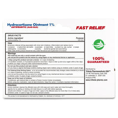 The back of a Globe Hydrocortisone Cream w/Aloe 1% box displays drug facts, uses, warnings, and manufacturer details. “FAST RELIEF” and “100% GUARANTEED” are boldly printed in red and green text to promote eczema relief.