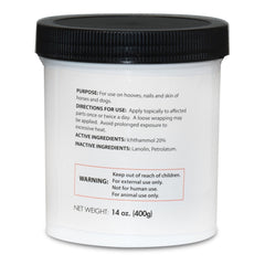 Trimol Ichthammol 20% Ointment Drawing Salve, 14oz jar. White plastic container, black lid. For veterinary use on horses’ and dogs’ hooves, nails, & skin. External use only. Brand: Trimol.