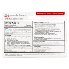 The Globe Clotrimazole Cream USP 1% - 1oz package lists drug facts, warnings, usage directions, ingredients, manufacturer info, and displays a red banner: Relieves Itching, Burning, Cracking & Scaling—great for athlete's foot.