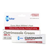 A tube of Globe Clotrimazole Cream USP 1% - 1oz is displayed in front of its box, which promotes this Globe brand cream as an athlete’s foot treatment that relieves itching, burning, cracking, and scaling.