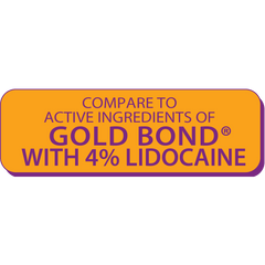 Orange label with purple text: Globe Lidocaine 4% Multi-Symptom Relief Cream, 1.75 oz.—steroid-free, non-greasy formula numbs pain and itch. Compare to active ingredients of Gold Bond® with Lidocaine.