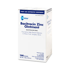 The Globe Bacitracin Zinc Ointment, 0.9 gr Packets (Box of 144) is a first aid antibiotic ointment by Globe to help prevent infection in minor cuts, scrapes, and burns. The white box contains 144 single-use packets and displays usage instructions.