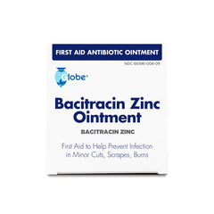 A box of Globe Bacitracin Zinc Ointment, 0.9 gr packets (144 count), first aid antibiotic for infection prevention in minor cuts, scrapes, and burns. Packaging is white with blue text.