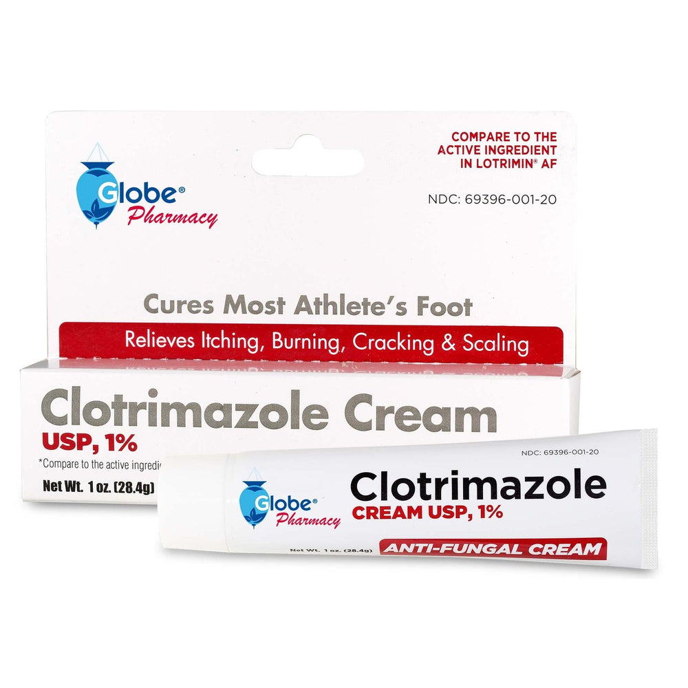 A 1 oz tube and box of Globe GLOBE Pharmacy Clotrimazole 1% Cream relieves itching, burning, cracking, and scaling from athlete’s foot, providing effective antifungal treatment.