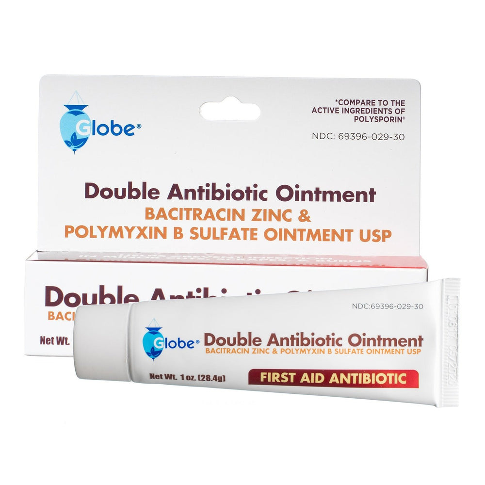 A box and tube of Globe First Aid Topical Double Antibiotic Ointment with Bacitracin Zinc & Polymyxin B Sulfate, Neomycin-Free, travel size. White packaging with blue/red text, ideal for infection protection and wound care. Brand: Globe.