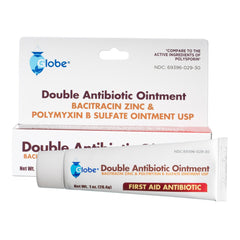 A box and tube of Globe First Aid Topical Double Antibiotic Ointment with Bacitracin Zinc & Polymyxin B Sulfate, Neomycin-Free, travel size. White packaging with blue/red text, ideal for infection protection and wound care. Brand: Globe.