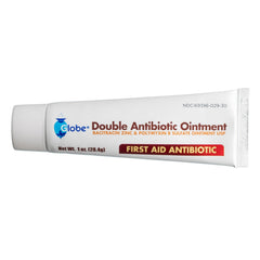 A white tube labeled Globe First Aid Topical Double Antibiotic Skin Ointment contains bacitracin zinc and polymyxin B sulfate for infection protection. Neomycin-free, travel size. Net wt 1 oz (28.4g). Brand: Globe.