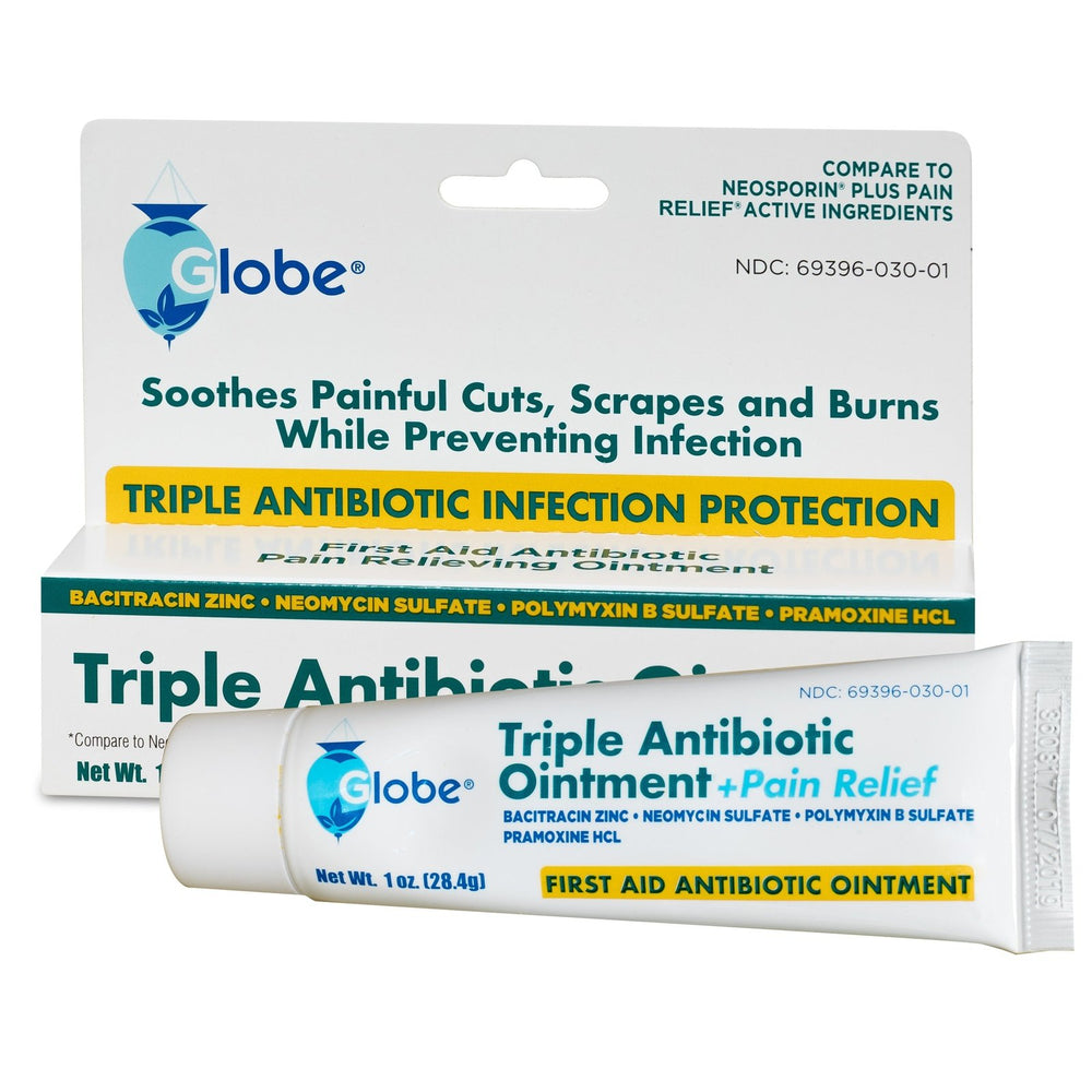 Globe Triple Antibiotic + Pain Relief Dual Action Ointment, 1 Oz (Compare to Neosporin), soothes painful cuts, scrapes, and burns while providing triple antibiotic infection protection, as featured on its packaging. Brand: Globe.