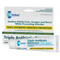 Globe Triple Antibiotic + Pain Relief Dual Action Ointment, 1 Oz (Compare to Neosporin), soothes painful cuts, scrapes, and burns while providing triple antibiotic infection protection, as featured on its packaging. Brand: Globe.